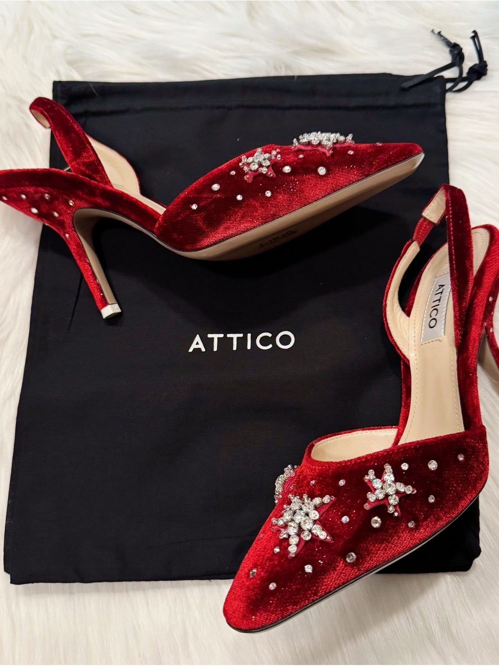 The Attico Mara Crystal-Embellished Velvet Slingback Pumps – Red | EU 35 / US 5